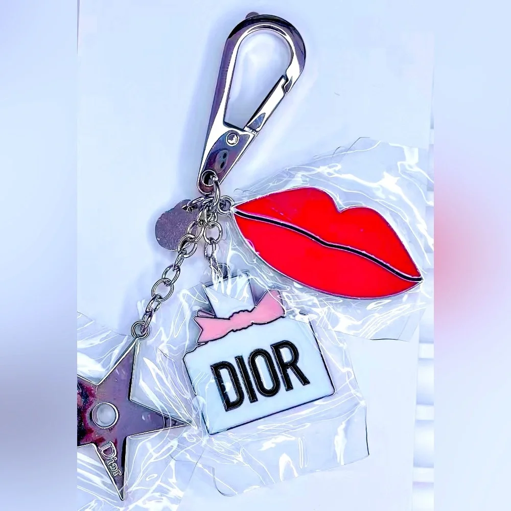 Dior Lipstick, Perfume & Star Charm Keychain – Silver-Tone Accessory